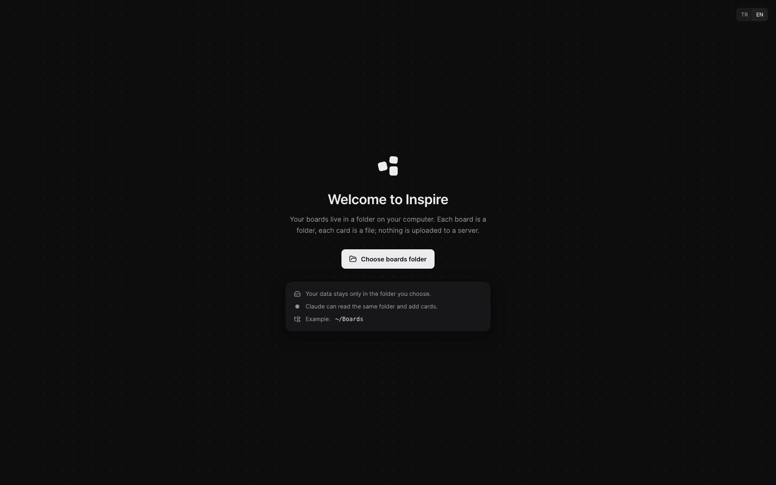 The Inspire welcome screen in the browser