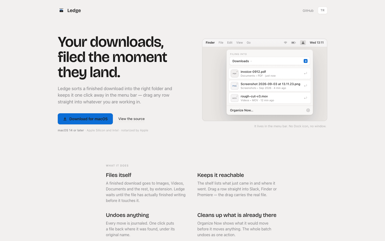 The Ledge page, with the shelf under a Mac menu bar
